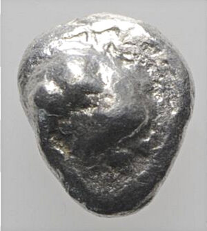obverse: Aeolis, Kyme, c. 450-400 BC. AR Hemiobol (5mm, 0.30g). Eagle’s head l. R/ Incuse square. SNG von Aulock 1623. VF