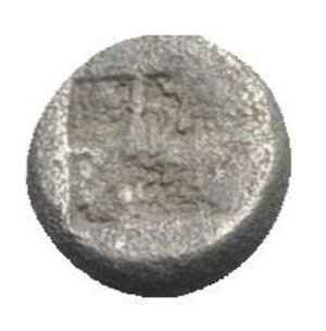 reverse: Lesbos, Unattributed early mint, c. 500-450 BC. BI 1/12 Stater (7mm, 0.67g). Confronted boars’ heads. R/ Four-part incuse square. HGC 6, 1067. VF
