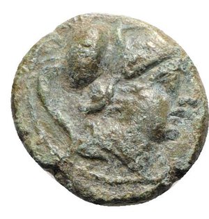 obverse: Northern Apulia, Teate, c. 225-200 BC. Æ Biunx (18mm, 4.68g, 7h). Helmeted head of Athena r. R/ Owl standing r., head facing, on groundline; two pellets below. HNItaly 702c. Green patina, near VF