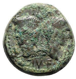 obverse: Augustus and Agrippa (27 BC-14 AD). Æ As (26mm, 12.91g, 6h). Gaul, Nemausus, c. 9/8-3 BC. Heads of Agrippa l., wearing rostral crown and laurel wreath, and Augustus r., wearing oak wreath, back to back. R/ Crocodile r. chained to palm frond; wreath with long ties above. RPC I 524; RIC I 158. Green patina, Good Fine / VF