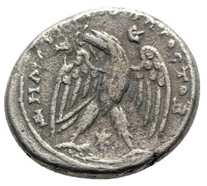 reverse: Caracalla (198-217). Seleucis and Pieria, Laodicea ad Mare. AR Tetradrachm (28mm, 14.71g, 12h). Contemporary imitation(?), 215-7. Laureate, draped and cuirassed bust r. R/ ΔHMAPX ЄΞ VΠATOC TO B(?), Eagle standing facing, head and tail l., with wings spread, holding wreath in beak; Δ and Є above wings; star between legs. Cf. Prieur 1735D. Very Rare, Good Fine - near VF
