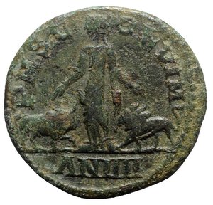 reverse: Gordian III (238-244). Moesia Superior, Viminacium. Æ (30mm, 17.55g, 1h), year 4 (243/4). Laureate, draped and cuirassed bust r. R/ Moesia standing l., between bull and lion; AN IIII in exergue. AMNG I 89. Green patina, Good Fine / VF