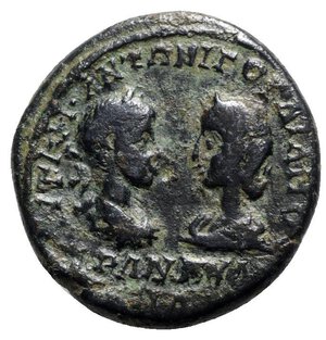 obverse: Gordian III and Tranquillina (238-244). Moesia Inferior, Tomis. Æ (28mm, 12.63g, 12h). Laureate and draped busts facing each other. R/ Tyche standing l. holding rudder and cornucopiae. Moushmov 228. Green patina, near VF