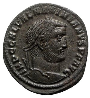 obverse: Galerius (305-311). Æ Follis (28mm, 7.10g, 12h). Heraclea, c. 308-9. Laureate bust r. R/ Genius standing facing, head l., holding cornucopia and patera; •HTA•. RIC VI 37a. VF