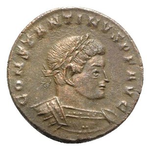 obverse: Constantine I (307/310-337). Æ Follis (19mm, 3.63g, 12h). Treveri, AD 317. Laureate, draped and cuirassed bust r. R/ Sol standing l., raising hand and holding globe; T-F//•ATR. RIC VII 134. VF - Good VF