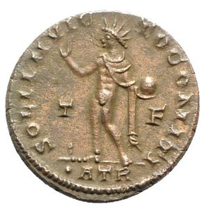 reverse: Constantine I (307/310-337). Æ Follis (19mm, 3.63g, 12h). Treveri, AD 317. Laureate, draped and cuirassed bust r. R/ Sol standing l., raising hand and holding globe; T-F//•ATR. RIC VII 134. VF - Good VF