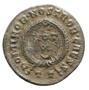 reverse: Constantine II (Caesar, 316-337). Æ Follis (18mm, 3.68g, 12h). Ticinum, 322-5. Laureate, draped and cuirassed bust r. R/ VOT/ X / crescent in two lines within wreath; TT. RIC VII 172. Near VF