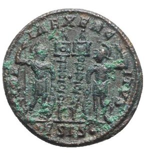reverse: Constantine II (Caesar, 316-337). Æ Follis (18mm, 2.46g, 6h). Siscia, 330-3. Laureate and cuirassed bust r. R/ Two signa between two soldiers, each holding spear and shield; •ЄSIS•. RIC VII 220. Good Fine