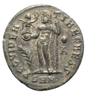 reverse: Crispus (Caesar, 316-326). Æ Follis (20mm, 3.32g, 6h). Nicomedia, 317-320. Laureate and draped bust r. R/ Jupiter standing l., holding Victory on globe and sceptre; palm– •/A//SMN. RIC VII 32. VF