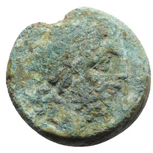 obverse: Northern Apulia, Teate, c. 225-200 BC. Æ Teruncius (23mm, 9.71g, 7h). Diademed head of Poseidon r. R/ Rider on dolphin l., holding kantharos and trident. HNItaly 705; McClean 478-9. Green patina, Good Fine - near VF