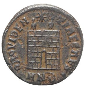 reverse: Constantius II (Caesar, 324-337). Æ Follis (19mm, 2.58g, 6h). Nicomedia, 325-6. Laureate, draped and cuirassed bust l. R/ Camp gate with two turrets, star above; MNB. RIC VII 128. Brown patina, VF