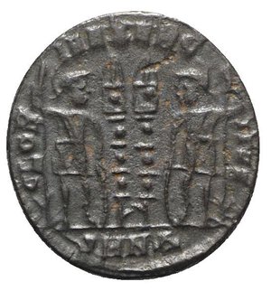 reverse: Constantius II (Caesar, 324-337). Æ (17mm, 2.20g, 12h). Nicomedia, 328-9. Laureate, draped and cuirassed bust r. R/ Two soldiers holding spears and shields with two standards between them; SMNΔ. RIC VII 191. VF