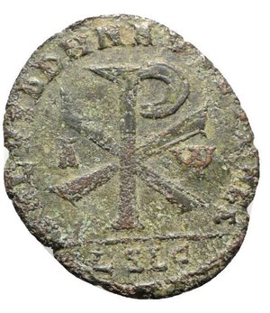 reverse: Magnentius (350-353). Æ Double Centenionalis (27mm, 5.56g, 12h). Lugdunum, AD 353. Draped and cuirassed bust r. R/ Christogram; A-ω across field; LSLG. RIC VIII 154. Green patina, Good Fine - near VF