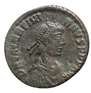 obverse: Valentinian I (364-375). Æ (18mm, 2.59g, 6h). Siscia, 367-375. Pearl-diademed, draped and cuirassed bust r. R/ Emperor advancing r., head l., dragging bound captive and holding labarum; BSISC•. RIC IX 5a. VF
