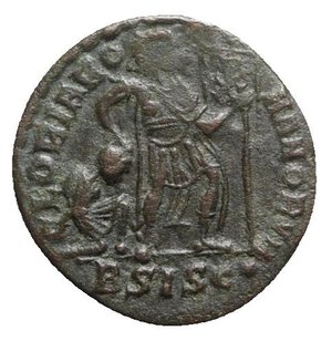 reverse: Valentinian I (364-375). Æ (18mm, 2.59g, 6h). Siscia, 367-375. Pearl-diademed, draped and cuirassed bust r. R/ Emperor advancing r., head l., dragging bound captive and holding labarum; BSISC•. RIC IX 5a. VF