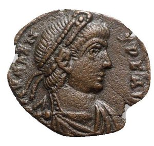 obverse: Valens (364-378). Æ (17mm, 2.38g, 6h). Rome. Pearl-diademed, draped and cuirassed bust r. R/ Victory advancing l., holding wreath and palm; RPRIM[A]. RIC IX 24b. VF