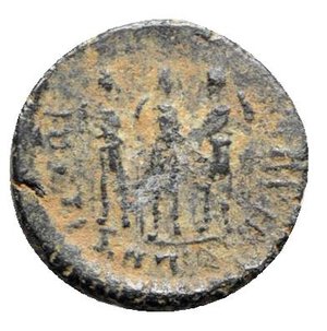 reverse: Arcadius (383-408). Æ (14mm, 1.44g, 6h). Antioch, 406-8. Pearl-diademed, draped and cuirassed bust r.; star behind. R/ Arcadius, Honorius and Theodosius standing facing; ANT[…]. RIC X 151. Brown patina, near VF