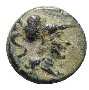 obverse: Southern Apulia, Rubi, c. 300-222 BC. Æ (12mm, 1.67g, 12h). Head of Athena l., wearing crested Corinthian helmet. R/ Nike l. holding patera and palm. HNItaly 817; SNG ANS 731-2. Rare, VF  