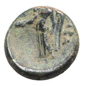 reverse: Southern Apulia, Rubi, c. 300-222 BC. Æ (12mm, 1.67g, 12h). Head of Athena l., wearing crested Corinthian helmet. R/ Nike l. holding patera and palm. HNItaly 817; SNG ANS 731-2. Rare, VF  