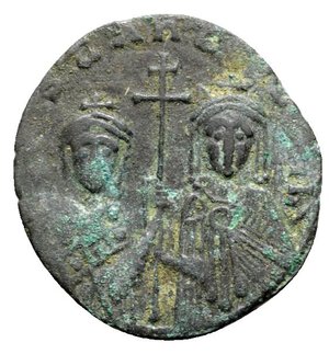 obverse: Constantine VII and Zoe (913-959). Æ 40 Nummi (24mm, 4.20g, 6h). Constantinople, 914-919. Crowned facing busts of Constantine, beardless and wearing loros, and Zoe, draped, holding patriarchal cross between them. R/ Legend in five lines across field. DOC 22; Sear 1758. VF