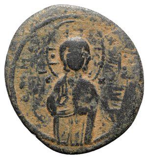 obverse: Anonymous, time of Michael IV, c. 1034-1041. Æ 40 Nummi (30mm, 10.57g, 6h). Constantinople. Christ Antiphonetes standing facing, holding Gospels. R/ IC-XC/ NI-KA in two lines divided by jewelled cross with pellet at each extremity. DOC Class C; Sear 1825. Near VF