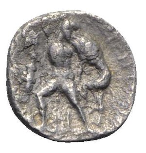 reverse: Southern Apulia, Tarentum, c. 380-325 BC. AR Diobol (9mm, 0.83g, 1h). Helmeted head of Athena l. R/ Herakles standing, strangling the Nemean lion; bow, quiver, and club to l. HNItaly 914. Near VF