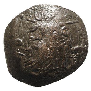 obverse: Latin Empire of Constantinople, 1204-1261. BI Trachy (23mm, 1.47g, 6h). Christ Pantokrator enthroned facing, R/ Emperor standing facing, holding sword and globus cruciger. Sear 2022. Near VF