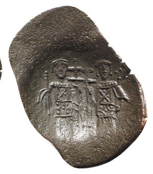 reverse: Latin Empire of Constantinople, 1204-1261. Æ Trachy (27mm, 1.70g, 6h). Thessalonica. Christ Pantokrator seated facing on throne. R/ St. Helena and St. Constantine standing facing, holding between them a patriarchal cross. Sear 2049 (Constantinople). VF