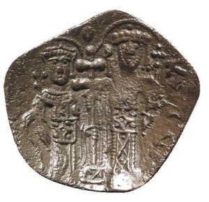 reverse: Latin Empire of Constantinople, 1204-1261. Æ Trachy (21mm, 0.98g, 6h). Thessalonica. Christ Pantokrator seated facing on throne. R/ St. Helena and St. Constantine standing facing, holding between them a patriarchal cross. Sear 2049 (Constantinople). VF