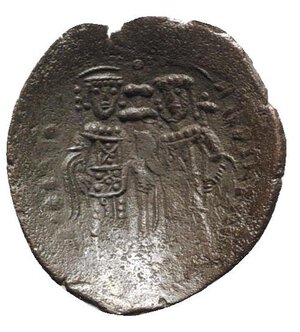 reverse: Latin Empire of Constantinople, 1204-1261. Æ Trachy (21.5mm, 1.51g, 6h). Thessalonica. Christ Pantokrator seated facing on throne. R/ St. Helena and St. Constantine standing facing, holding between them a patriarchal cross. Sear 2049 (Constantinople). Fine / VF