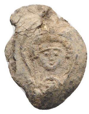 obverse: Byzantine Pb Seal, c. 7th-12th century (22mm, 6.76). Facing bust of the Virgin, holding Christ. R/ Cruciform monogram. Good Fine