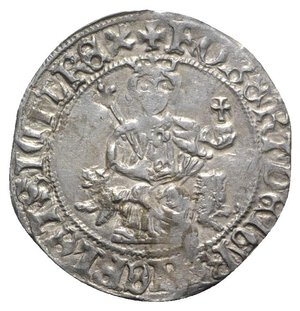 obverse: Italy, Napoli. Roberto I d Angiò (1309-1343). AR Gigliato (28mm, 3.98g, 1h). King seated facing on lion throne, holding sceptre and globus cruciger. R/ Floreate cross. P.R.2; MIR 28. Good VF