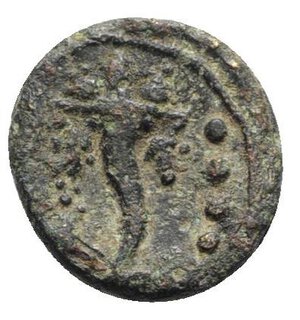 reverse: Northern Lucania, Paestum, 2nd century BC. Æ Triens (16mm, 2.99g, 6h). Lion r. R/ Cornucopiae; apex and three pellets to l. HNItaly 1227; Crawford 19. Rare, near VF