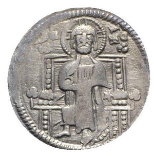 obverse: Italy, Venezia. Uncertain. AR Grosso (18mm, 2.02g, 6h). Doge and S. Marco standing facing, holding banner between them. R/ Christ, nimbate, seated facing on decorated throne, holding book of Gospels. Near VF