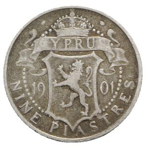 reverse: Cyprus, Victoria (1879-1901). AR 9 Piastres 1901 (23mm, 5.57g, 12h). Crowned bust l. R/ Coat of arms. KM 6. Good Fine