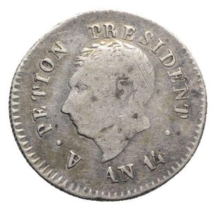 obverse: Haiti, Western Republic. AR 25 Centimes year 14 = 1817 (21mm, 2.47g, 6h). Head l. R/ Coat of arms. KM 15. Good Fine