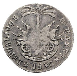 reverse: Haiti, Western Republic. AR 25 Centimes year 14 = 1817 (21mm, 2.47g, 6h). Head l. R/ Coat of arms. KM 15. Good Fine