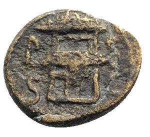 reverse: Northern Lucania, Paestum, c. 50 BC. Æ Semis (16mm, 4.05g, 7h). Female head r. R/ Two-storied building, five columns on each floor. HNItaly 1258; Crawford 38a-c; SNG ANS 804. Brown patina, near VF