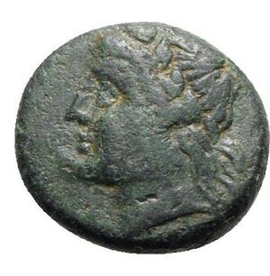 obverse: Bruttium, Rhegion, c. 260-215 BC. Æ (16mm, 4.67g, 1h). Laureate head of Apollo l. R/ Ornate tripod. HNItaly 2543. Green patina, near VF
