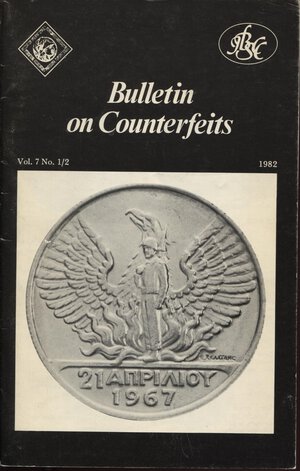 obverse: AA.VV. – Bulletin on counterfeits. Vol. 7  N. 1\2. 1982.  pp. 45, ill. nel testo. ril ed. ottimo stato. raro e imp. originale