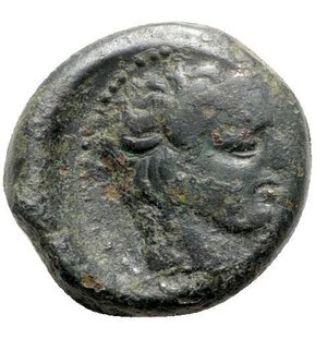 reverse: Sicily, Gela, c. 420-405 BC. Æ Tetras (19mm, 5.28g, 3h). Bull standing l.; three pellets in exergue. R/ Head of horned river god r., wearing tainia. CNS III, 14; HGC 2, 379. VF