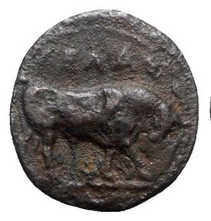 obverse: Sicily, Gela, c. 420-405 BC. Æ Tetras or Trionkion (18mm, 3.50g, 2h). Bull standing r.; leaf above. R/ Horned head of Gelas r. CNS III, 18; SNG ANS 112; cf. HGC 2, 380. VF