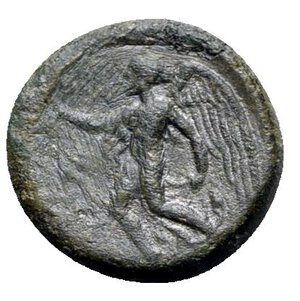 reverse: Sicily, Himera, c. 425-409 BC. Æ Tetras (15mm, 2.19g, 1h). Nude rider on a goat l., blowing into conch; three pellets below. R/ Nike advancing l., holding open wreath. CNS I, 31; SNG ANS 1339 (Part 5) ; HGC 2, 475. VF