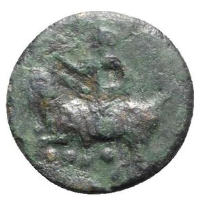 reverse: Sicily, Himera, c. 425-409 BC. Æ Tetras (15mm, 2.27g, 6h). Nude rider on a goat l., blowing into conch; three pellets below. R/ Nike advancing l., holding open wreath. CNS I, 31; SNG ANS 1339 (Part 5) ; HGC 2, 475. Fine