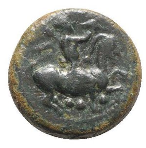 obverse: Sicily, Himera, c. 420-415 BC. Æ Hexas (15mm, 2.38g, 5h). Pan as a youth, holding thyrsos over his shoulder and blowing on a conch shell, seated on goat walking r. R/ Nike flying l. holding aphlaston and hem of chiton; two pellets before. CNS I, 34A; SNG ANS -; HGC 2, 485. Rare, green patina, VF