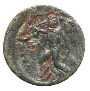 reverse: Sicily, Himera, c. 420-415 BC. Æ Hexas (15mm, 2.38g, 5h). Pan as a youth, holding thyrsos over his shoulder and blowing on a conch shell, seated on goat walking r. R/ Nike flying l. holding aphlaston and hem of chiton; two pellets before. CNS I, 34A; SNG ANS -; HGC 2, 485. Rare, green patina, VF