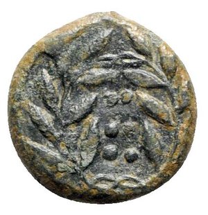 reverse: Sicily, Himera, c. 420-407 BC. Æ Hemilitron (16mm, 2.90g, 5h). Head of nymph l.; six pellets before. R/ Six pellets within wreath. CNS I, 35; SNG ANS 186; HGC 2, 479. VF - Good VF