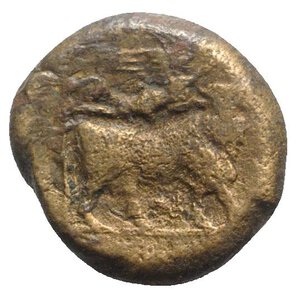 reverse: Northern Campania, Suessa Aurunca, c. 265-240 BC. Æ (19mm, 6.41g, 5h). Laureate head of Apollo l. R/ Man-headed bull standing r.; above, Nike flying r., crowning bull. HNItaly 450. Near VF