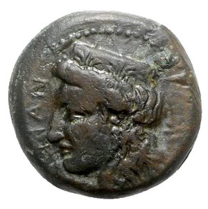 obverse: Sicily, Himera as Thermai Himerensis, c. 367-350 BC. Æ Hemilitron (19mm, 8.74g, 9h). Head of Hera l., wearing ornate polos; star to r. R/ Head of Herakles l., wearing lion skin. CNS I, 1 var. (no star); HGC 2, 1618. VF - Good VF