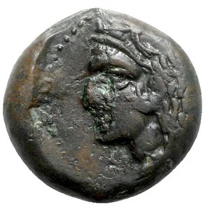 reverse: Sicily, Himera as Thermai Himerensis, c. 367-350 BC. Æ Hemilitron (19mm, 8.74g, 9h). Head of Hera l., wearing ornate polos; star to r. R/ Head of Herakles l., wearing lion skin. CNS I, 1 var. (no star); HGC 2, 1618. VF - Good VF